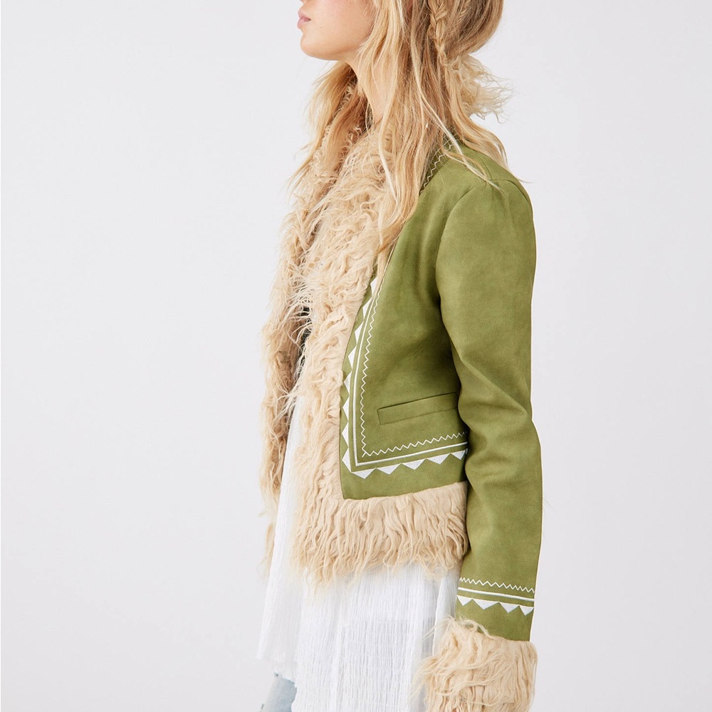 Olive Green Faux Fur Trim Jacket